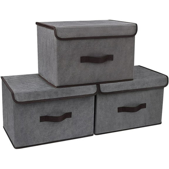 3 Pack Storage Bins with Lids, Foldable Fabric Closet Organizer Boxes, Gray, 14.2 x 9 x 9.5in