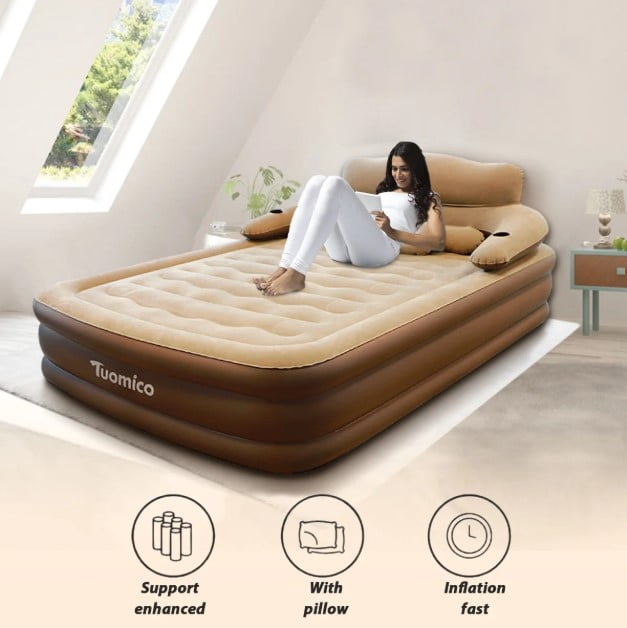 Air Mattress, Queen Airbed with Headboard, Airbed Inflatable Couch with Pump, For Guest Home Camping Travel, Coffee