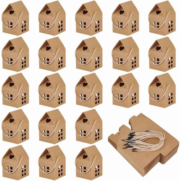 50 Pack House Gift Boxes with Rope Handle 3x3x5 Inch Brown Paper Folding Gift Box