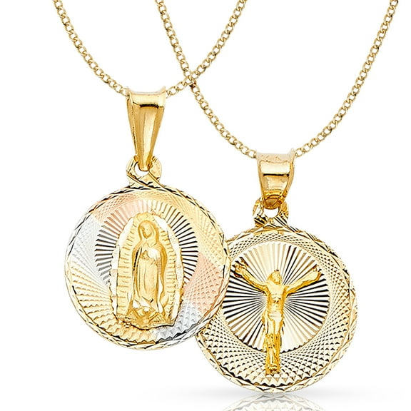 14K Tri Color Gold Diamond Cut Double Side Stamp Virgin Mary & Jesus Charm Pendant with 2.4mm Hollow Cuban Chain Necklace