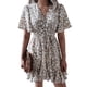 thumbnail image 3 of Vestido floral de manga corta con cuello en V atado cintura fruncida vestido corto elástico elegante con estampado floral para mujer, 3 of 6