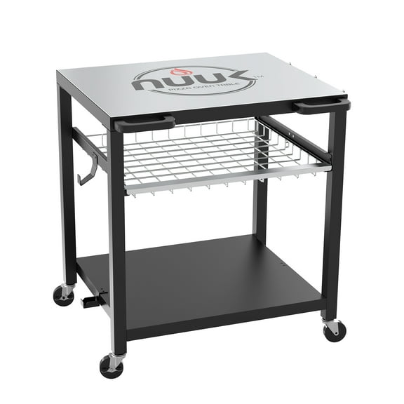 NUUK Double-Shelf Rolling Outdoor Pizza Oven Table, BBQ Grill Cooking Cart and Food Prep Station with Slide Basket Drawer