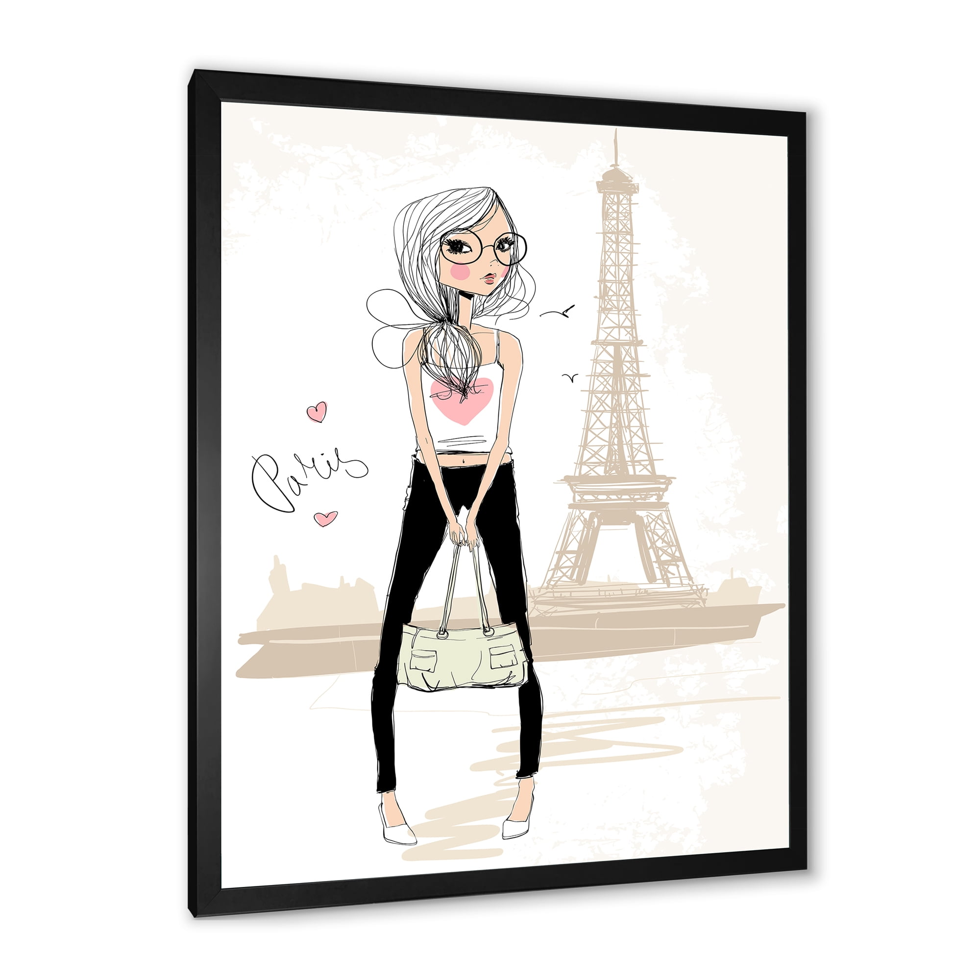 Designart 'Cute Girl By The Tour Paris Eiffel Tower' Children's Art Framed Art Print