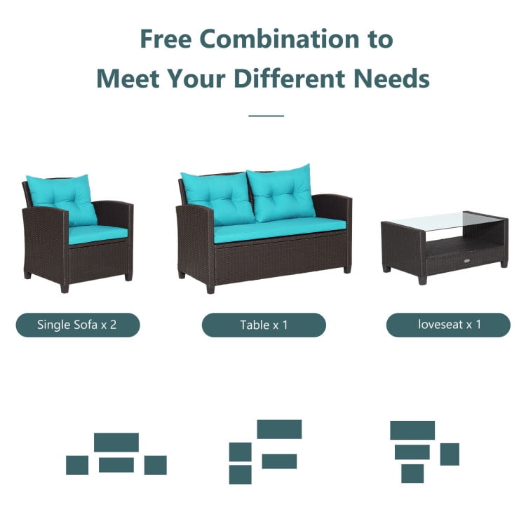 Aimee Lii 4 Pieces Wicker Patio Furniture Set with Tempered Glass Coffee Table, Wicker Outdoor Sectional, Turquoise Aimee Lii 4 Pieces Wicker Patio Furniture Set with Tempered Glass Coffee Table, Wicker Outdoor Sectional, Turquoise