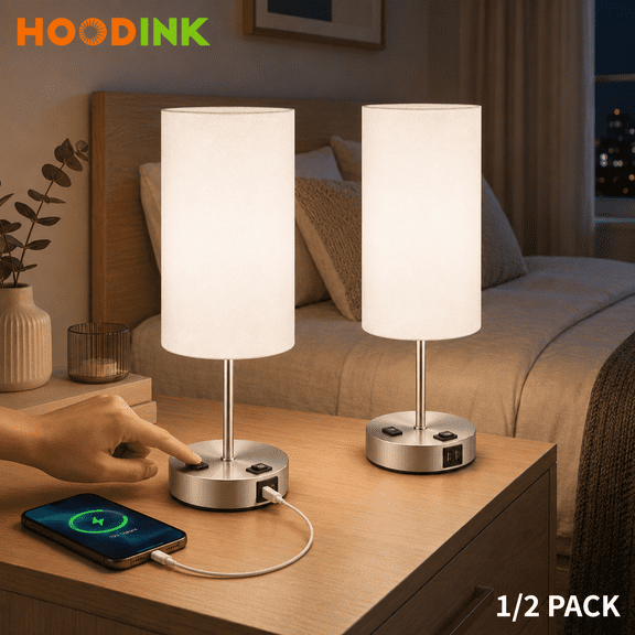 HOODINK Dimmable Table Lamps with USB Charging Ports And AC Outlet, 3-Way Switch Control Bedside Nightstand Lamps, Wood/Metal Base, Modern Desk Lamps for Bedroom, Living Room, Office, Bulbs Included