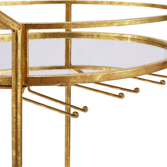 Linon Round Gold Metal Bar Cart 2 Shelves 3 Wine Holders