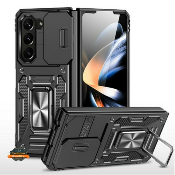 For Samsung Galaxy Z Fold 5 Cases with Kickstand & Slide Camera Lens Protection Ring Stand, Hybrid Shockproof Phone Case Cover by Xpression - Black