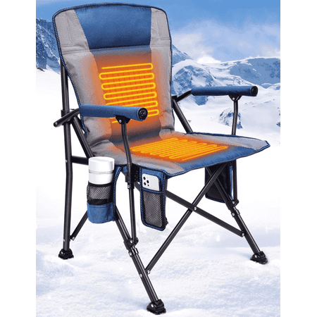 Heated Camping Chair for Adults, Fully Padded Heated Folding Chair with 3 Heat Levels, Heats Back and Seat, Rich Pockets & Cup Holder, Heated Chairs Outdoor Sports, Support 300LBS - Blue