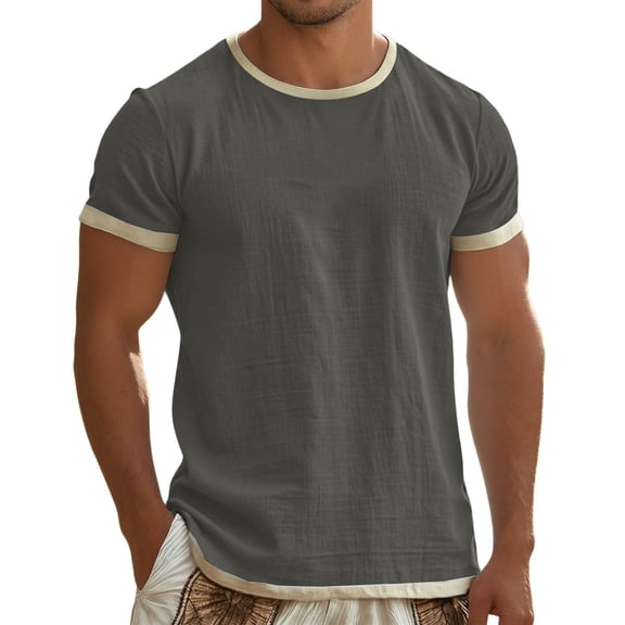 FINALGANG Mens Contrast Trim Short Sleeve TShirt Crew Neck Slim Fit Casual Tee For Summer Beach Daily Streetwear Gray M