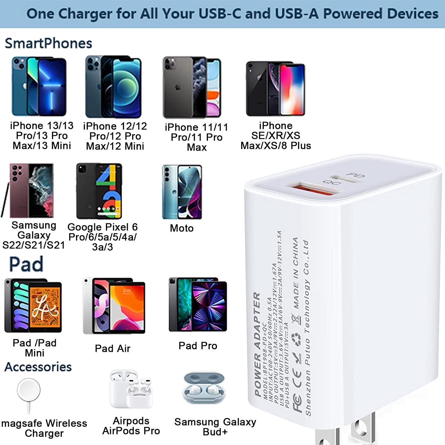 20W Dual Ports Wall Charger USB-C + USB-A, EpicGadget Fast Charger 20W Type-C Power Adapter Fast Wall Charger Adapter Plug for iPhone, iPad, Samsung, Google Pixel and More (5-Pack)