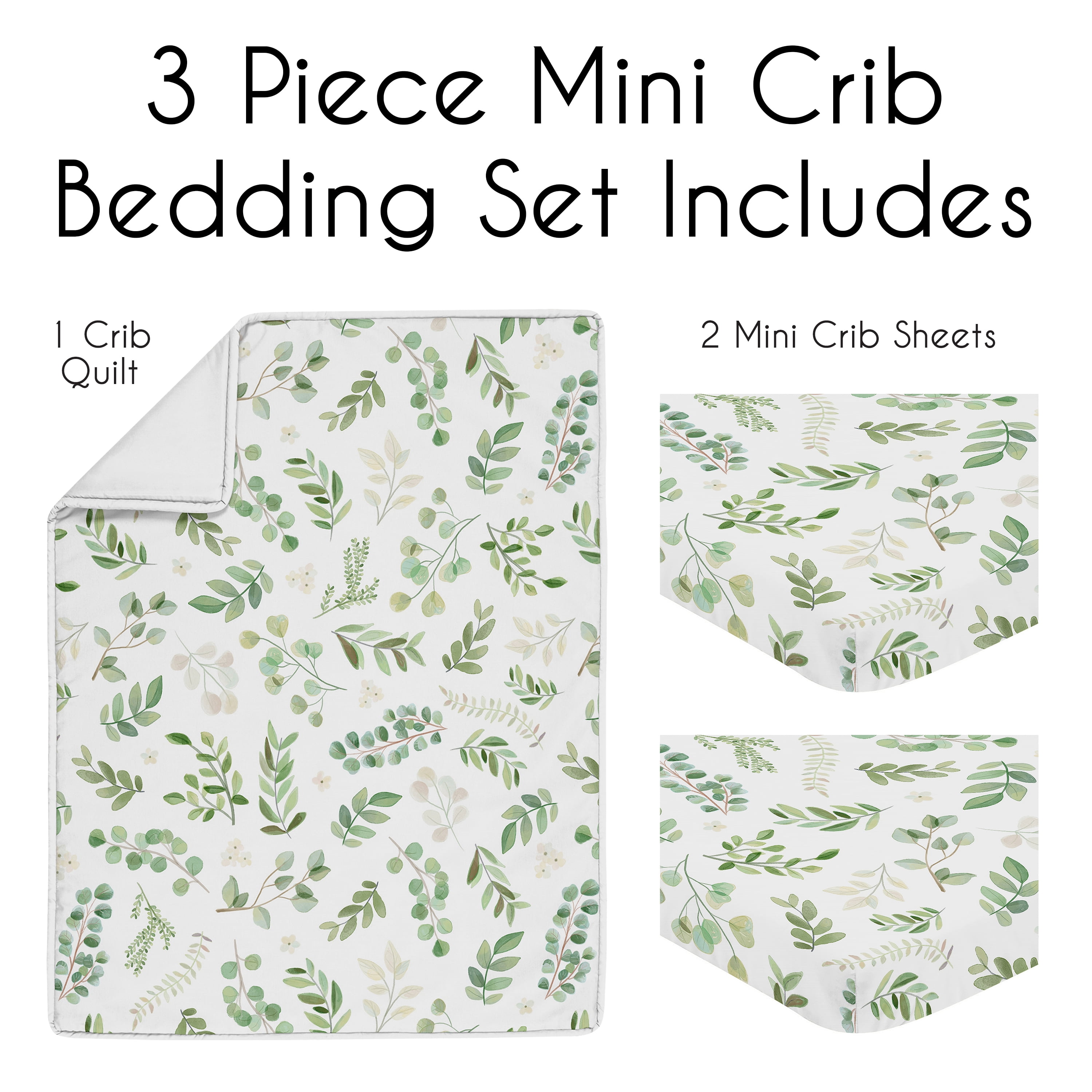 Sweet Jojo Designs Botanical Green and White 3 Piece Mini Crib Bedding Set