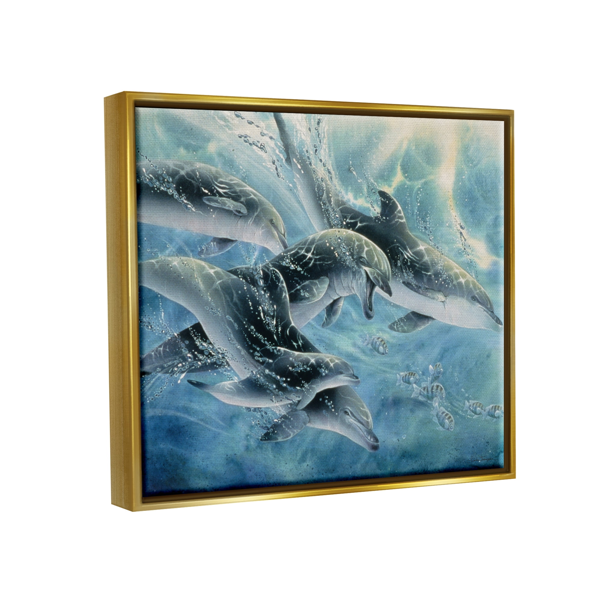 Stupell Industries Playful Passage Dolphins Swimming Coastal Painting Gold Floater Framed Art Print Wall Art
