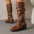 thumbnail image 5 of Slouchy Mid Calf Motorcyle Riding Boots For Women Slouch Leather Buckles Platform Chunky Tall Boots, 5 of 7