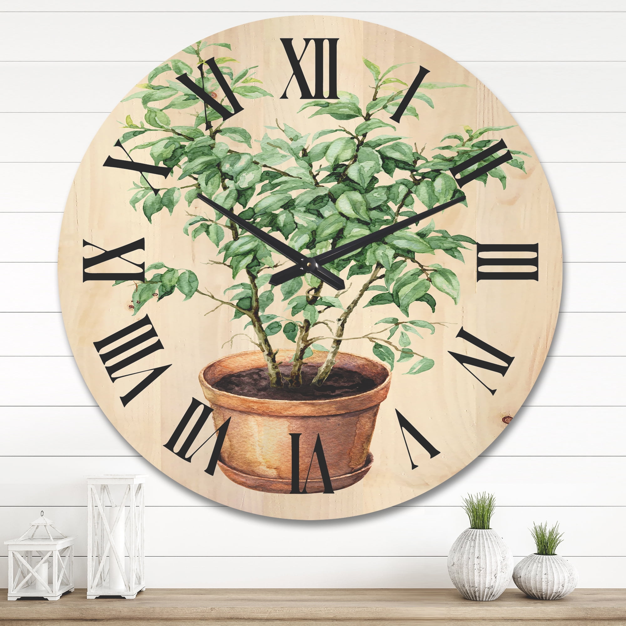 Designart 'Ficus Benjamina Plant In Clay Flowerpot' Traditional Wood Wall Clock