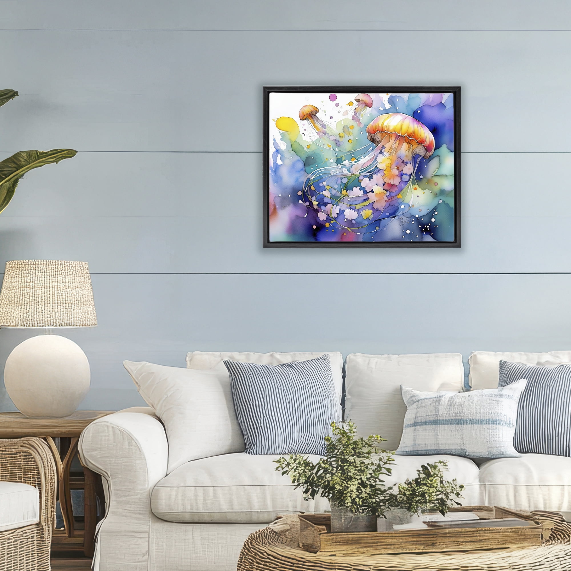 Stupell Industries Neon Jellyfish Underwater Black Framed Floater Canvas Wall Art, design by Shelly Craig