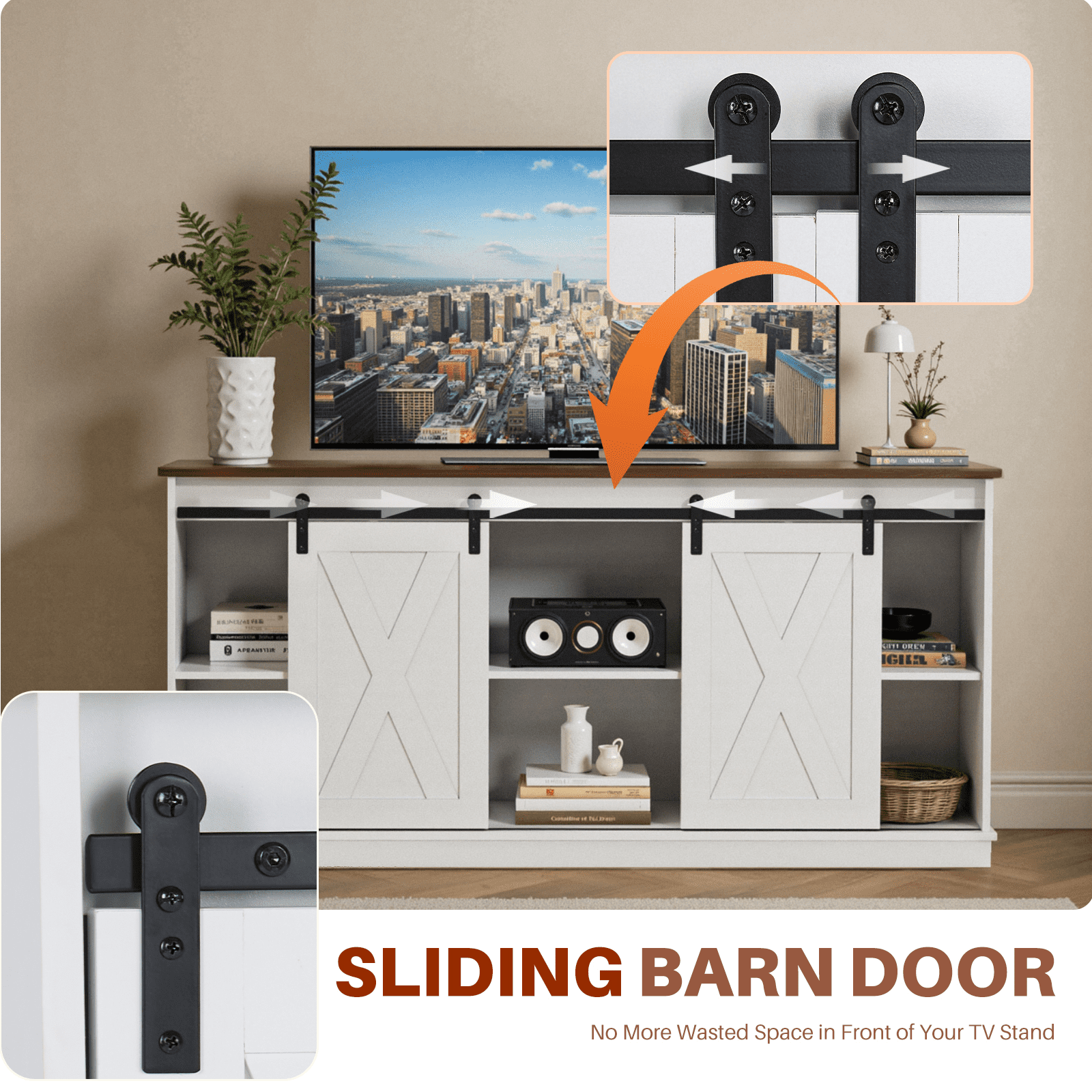 Aukfa TV Stand for TVs up to 65", Entertainment Center with Storage Cabinets and Sliding Barn Doors, for Living Room Bedroom,White