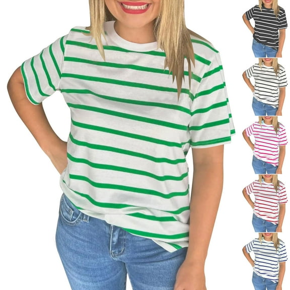 Axiiglly Striped Shirt for Women Casual Crew Neck Tee Shirt Loose Short Sleeve Fashion Going Out Tops Plus Size Summer T-Shirts