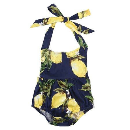 

Xingqing Newborn Baby Girl s Casual Halter Romper Sleeveless Lemon Print Backless Jumpsuit Bodysuits Blue 100CM