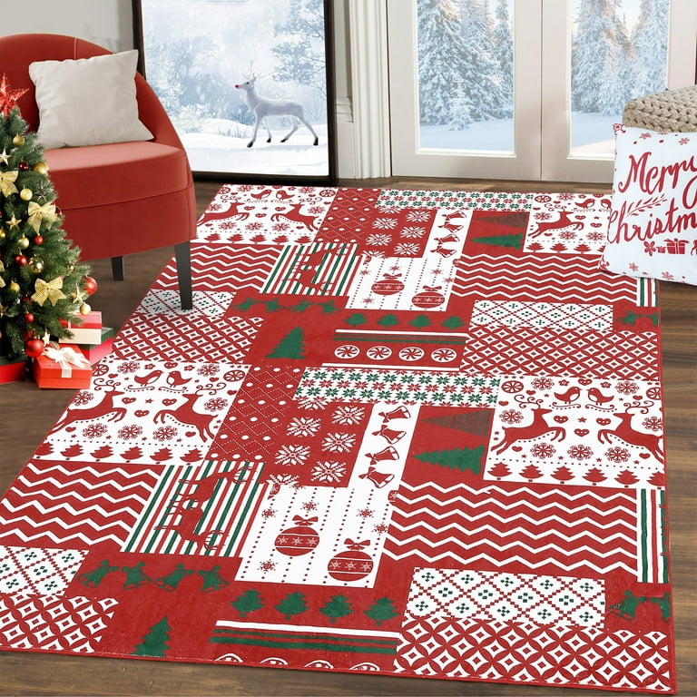 CAROMIO Area Rug 3' x 5' Christmas Rugs Washable Carpet Holiday Decorative  Non Slip Bohemian Kitchen Bathroom Rug Low Pile, Red/Green 