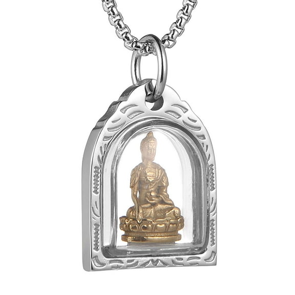 HZMAN Men Women Meditation Buddha Necklace Stainless Steel Head & Praying Hand Pendant Necklace Yogi Jewelry (Meditation Amulet)