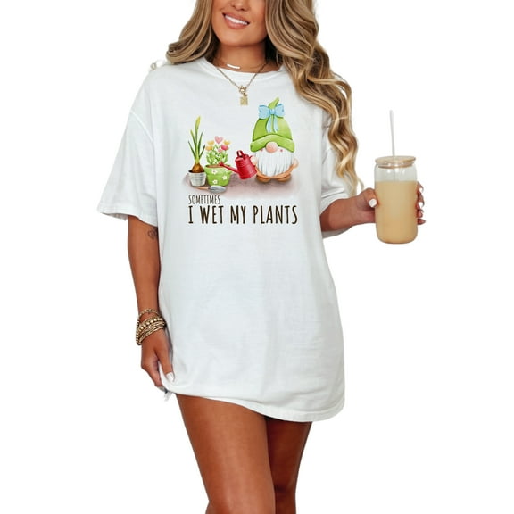 Gnome Garden Funny T-Shirt, Gardening Humor Tee, Sometimes I Wet My Plants Shirt, Cute Gnomes Graphic Tee, Funny Plant Lover Gift, White Comfort Colors T-Shirt, Small