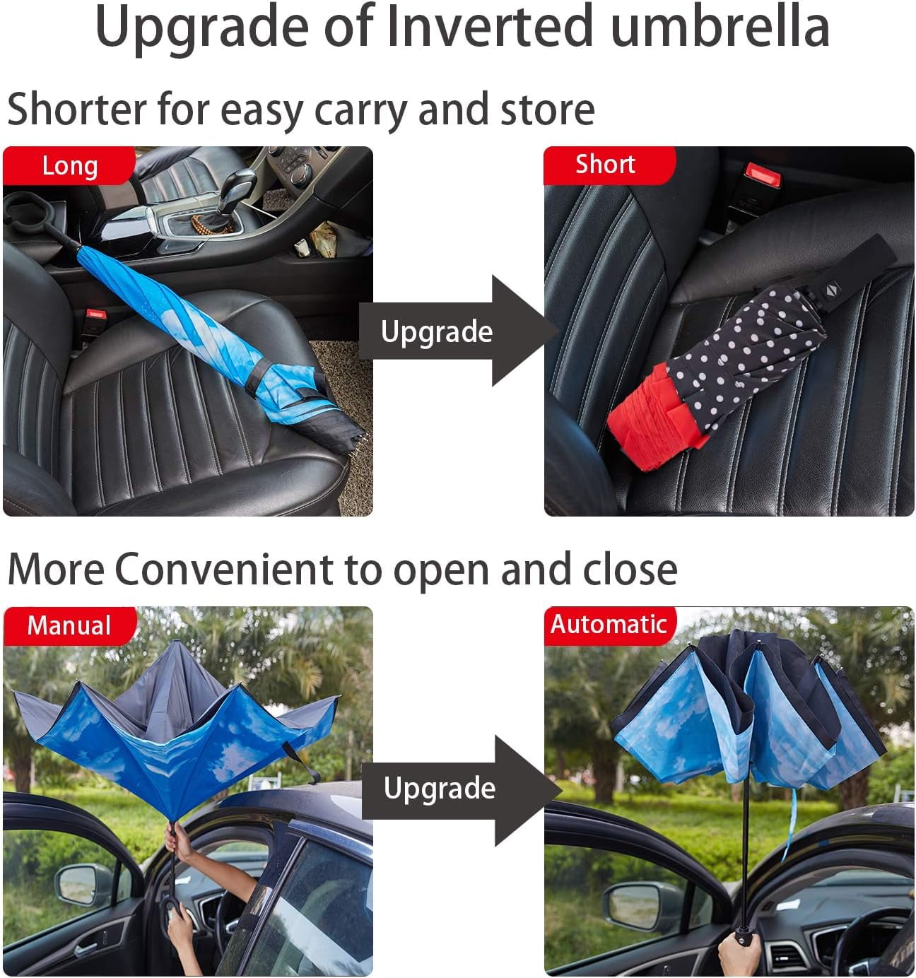 Kabum Inverted Umbrella Double Layer Automatic Folding Reserve Umbrella Windproof UV Protection for Rain Car Travel Outdoor Men Women, Red Dot