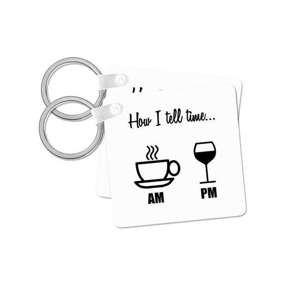 3dRose, HOW I TELL TIME… COFFEE CUP AM, WINE GLASS PM, set of 2 Key Chains