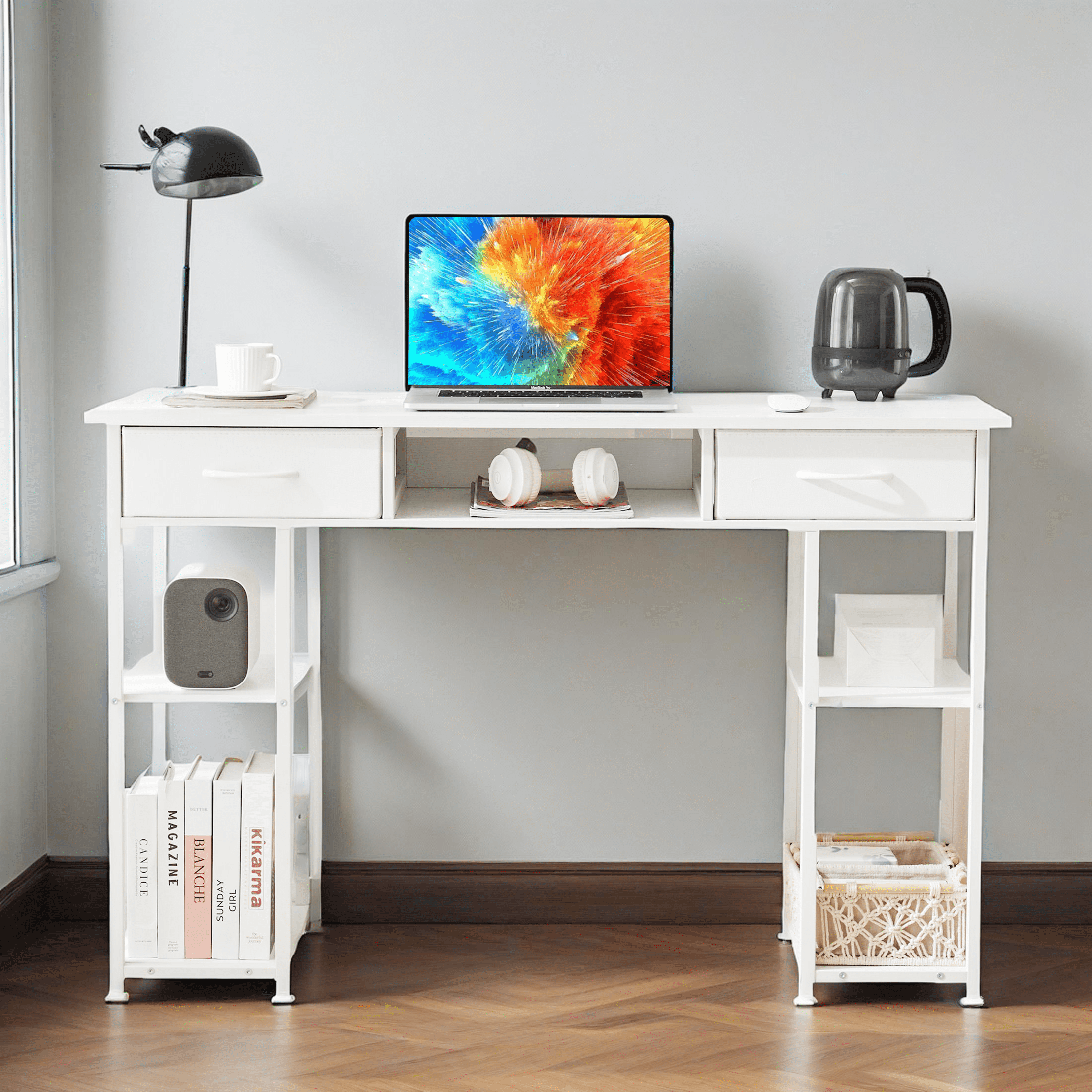 CONCETTA 48 inch Small Desk with Fabric Drawers & Storage Shelves, Computer Desk, Writing Desk for Home Office, Bedroom, White
