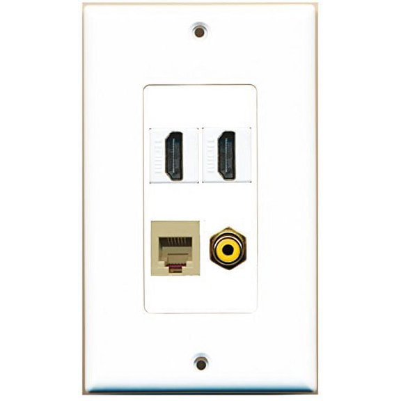 RiteAV - 2 Port HDMI 1 Port RCA Yellow 1 Port Phone RJ11 RJ12 Beige Wall Plate Decorative