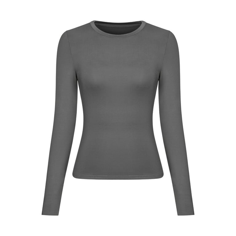 Women's Long Sleeve Round Neck Crop Top Tee Shirt Basic Solid Y2K Tight  Slim Fit Cropped Shirt Workout Yoga