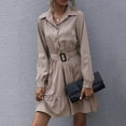 thumbnail image 3 of Casual Button Down Shirtdress Lapel Long Sleeve Tie Waist Ruffled Mini Shirt Dress for Office Khaki L, 3 of 6
