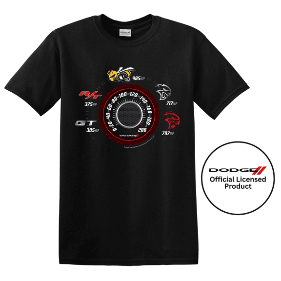 Dodge Speedometer Horsepower Logo Graphic Cotton T-Shirt Black Official Licensed (L)