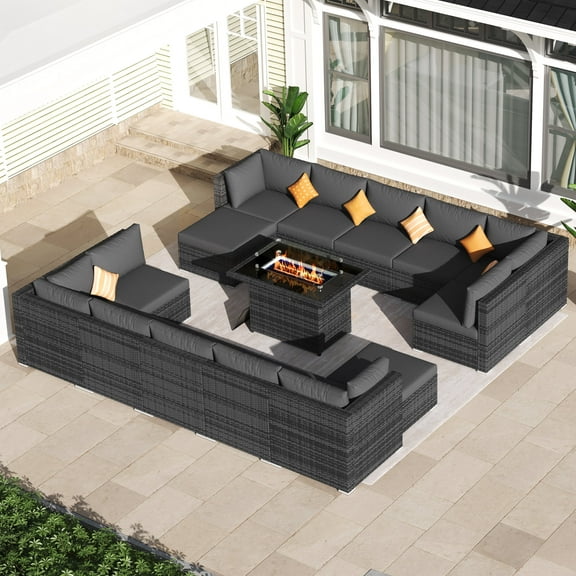 RADIATA 15PCS Outdoor Patio Furniture Set with Fire Pit (43",60000BTU) — Modular Wicker Conversation Set, Modern Grey High Back Outdoor Sectional Couch Set with Gas Firepit for Backyard Deck,Gray