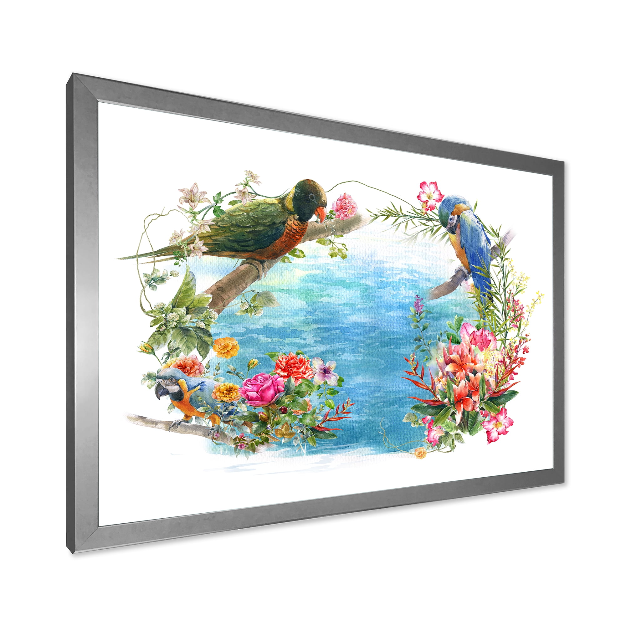 Designart 'Parrots and Flowers By The Blue Waterside' Traditional Framed Art Print