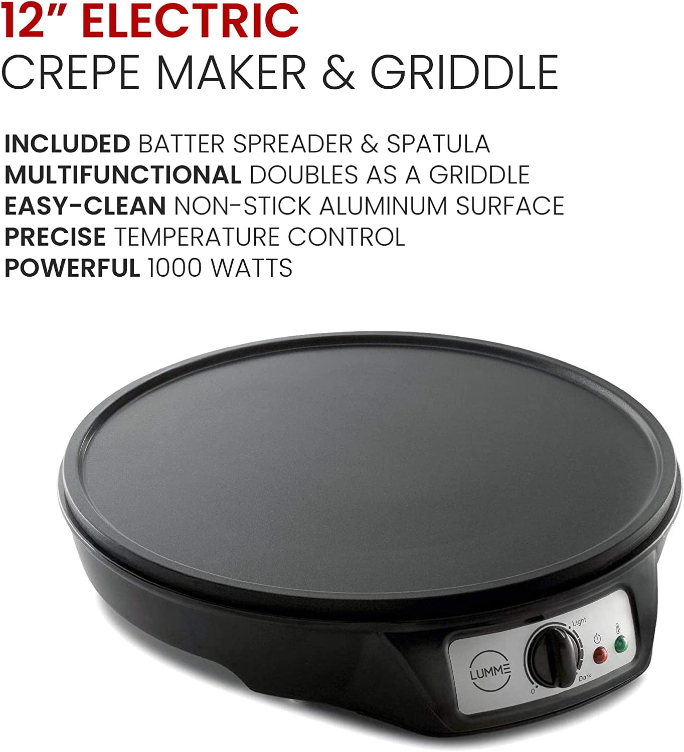 12-inch Electric Crepe Maker Adjustable Temperature Controller & LED Indicatior with Batter Spreader & Recipe Book 