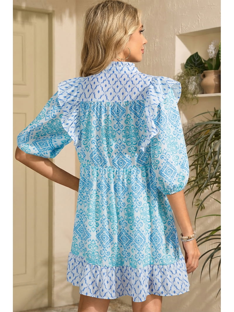 blue mini dress vacation ZhiHiMeRi Women's Sky Boho Floral Geometric Patchwork Summer Dress with Ruffle Details, Bracelet Sleeve High Waist A-Line Shift Dress ca_tree_clothing CuteOutfits on LTK Colour:BLACK AND WHITE 100%COTTON Wash Method