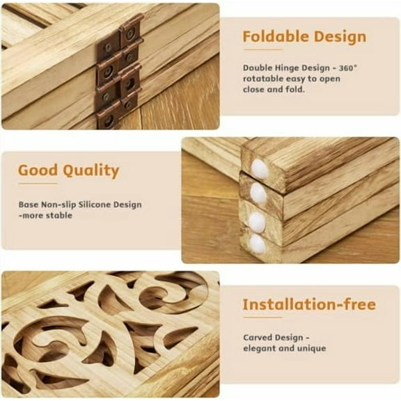 Folding Room Divider, 5.6Ft 4 Panels Wood Carved Privacy Screens, Free Assembled Freestanding Portable Reversible Functional Decorative Partition for Home Office Restaurant Bedroom