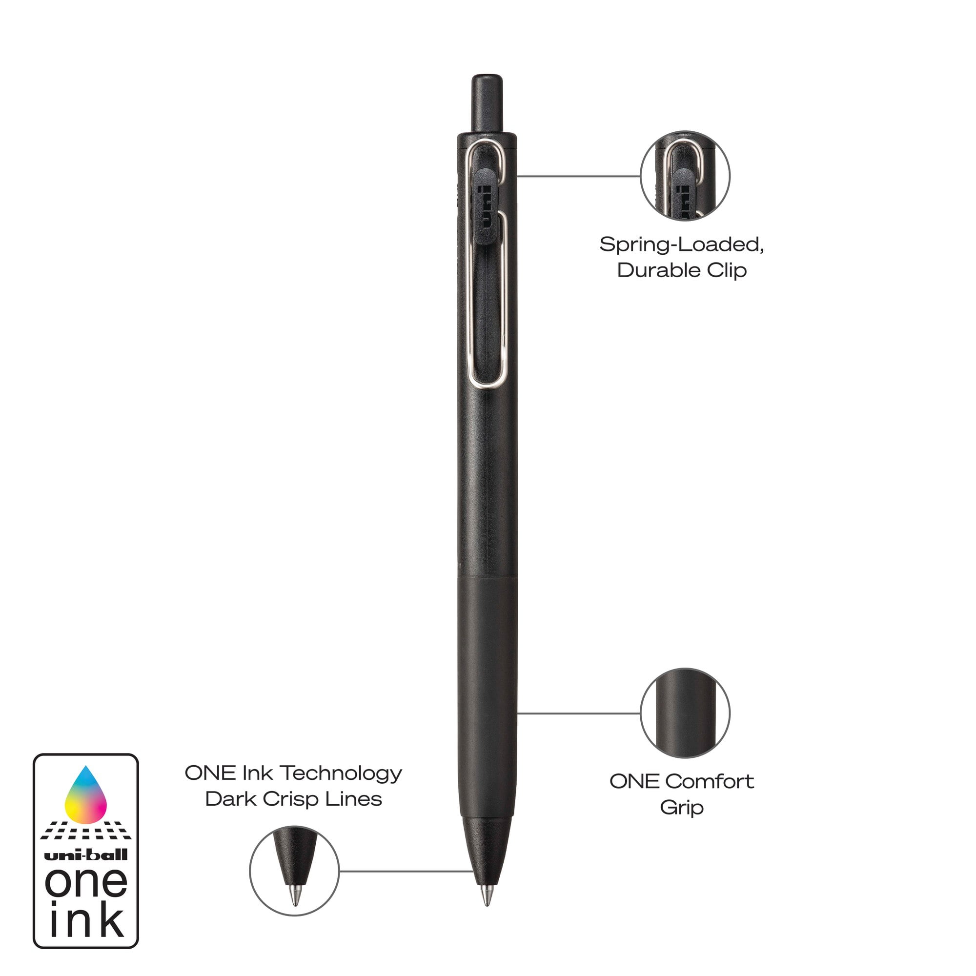 uniball™ one Retractable Gel Pens, Medium Point (0.7mm), Black Barrels, Black Ink, 3 Pack