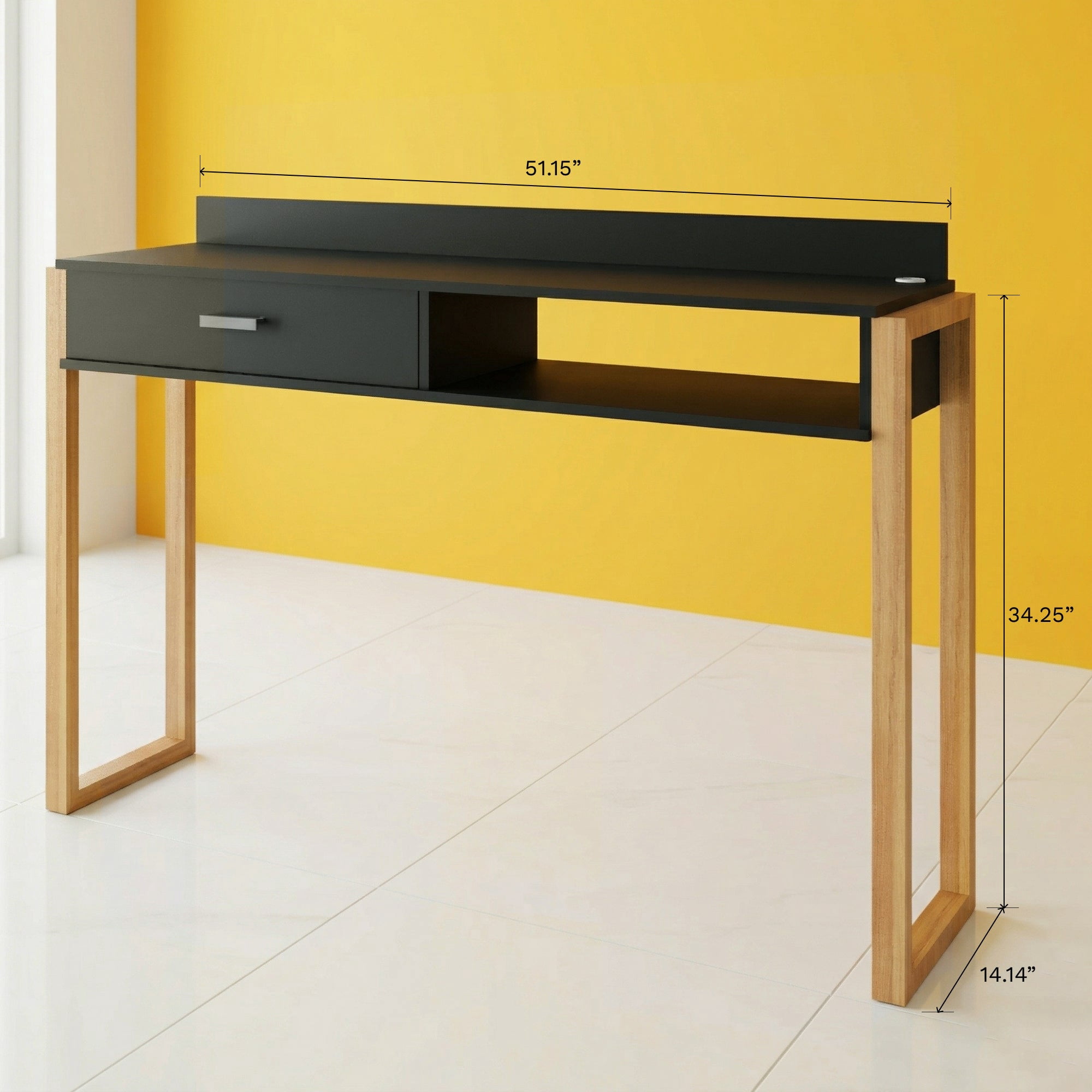Boahaus Dalton Desk Black with Drawer and USB Charging Port, Small Home Office Desk