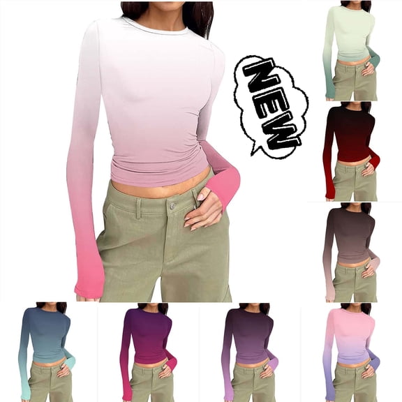 Taqqpue Women Long Sleeve Shirts Crew Neck Slim Fit Blouse Tops Basic Tee Outfits Underscrubs Layer Clothes Casual Crop T-Shirt