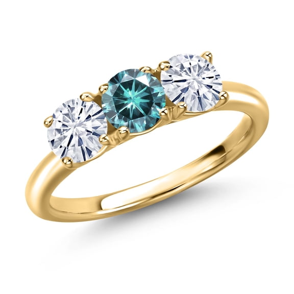 Gem Stone King 18K Yellow Gold Plated Silver Blue Moissanite and White Moissanite Engagement Ring for Women | 1.50 Cttw | Round 5MM | Gemstone Birthstone | Size 7