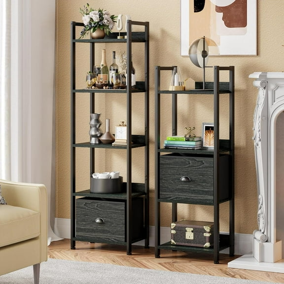5 Tier Bookshelf with Drawer, Kitchen Bakers Rack with Storage, Tall Narrow Bookcase, Industrial Standing Display Shelf, Wood and Metal Book Shelf for Bedroom, Living Room, Black