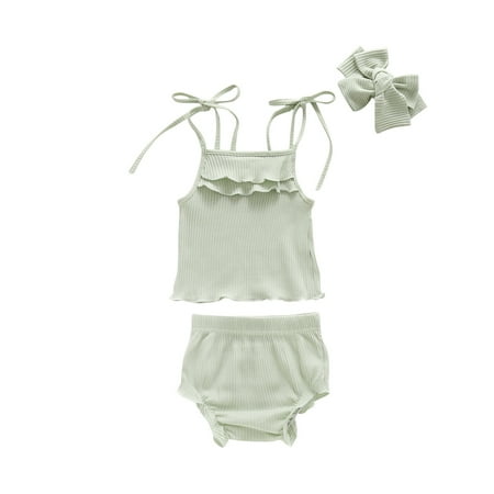 

Toddler Girls 3 Piece Outfits Baby Solid Knitted Sling Vest Ruffle Top + Shorts + Headband Clothes Set
