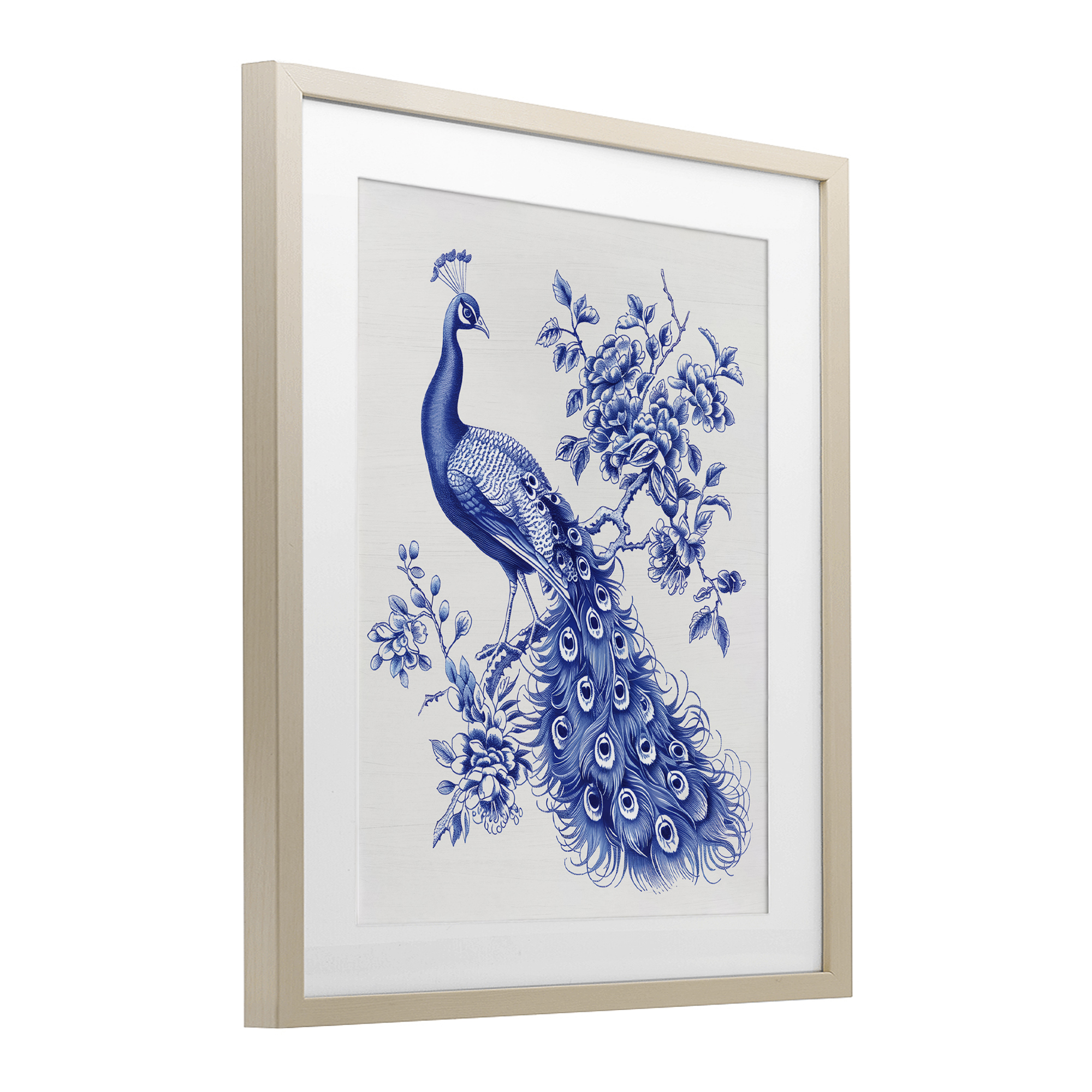 Vintage Peacock in Toile Style Birch Framed Print Under Glass, design by Lettered and Lined