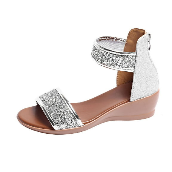 Women's Sequined Wedge Sandals Summer Casual Fashion Open Toe Back Zip Breathable Wedge Shoes Stylish Low Heel Sandals Dressy Outdoor Flat Sandals