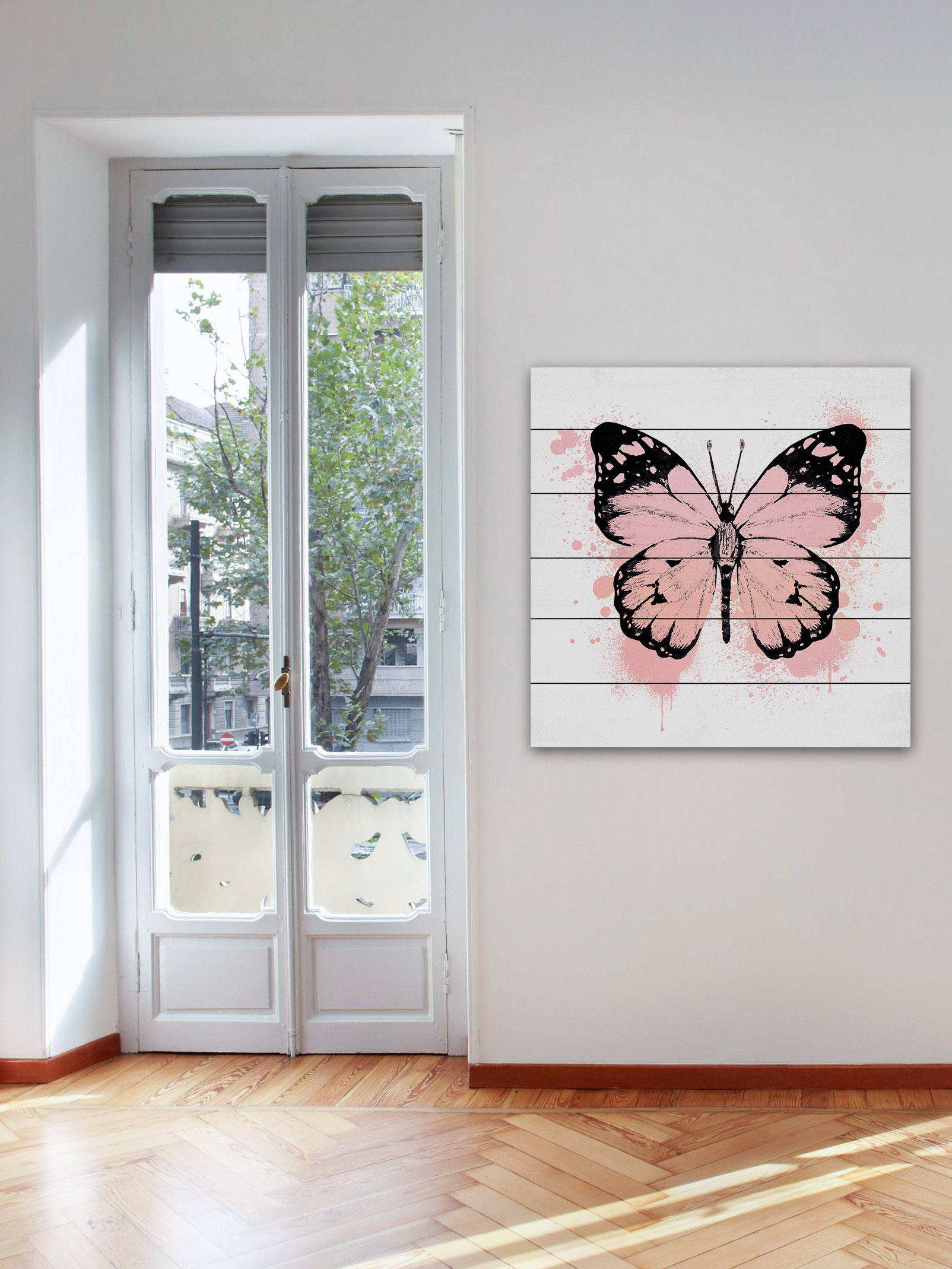 "Butterfly Black Peach" Painting Print on White Wood