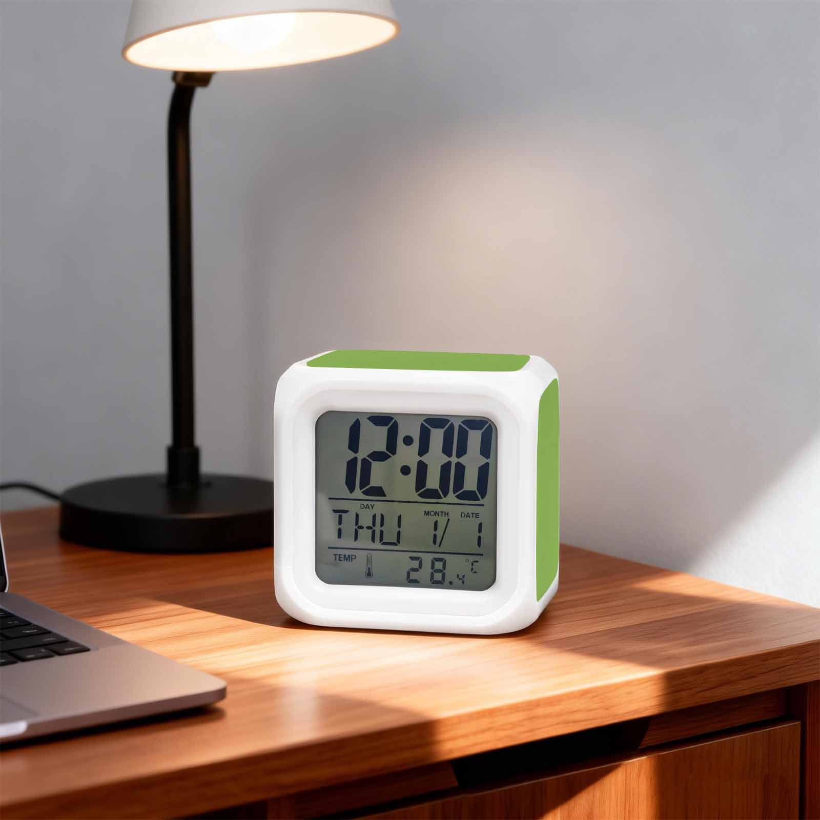 Green Digital Alarm Clock for Bedrooms,Smart LED Alarm Clock with 7 Color Changing Night Light,Solid Color Simple Abstract Fashion Light Color Silent Wake Up Clocks for Sleep Study Cooking 3.2"x3.2"