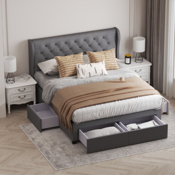 Brittany Queen Bed Frame with 4 Storage Drawers/Platform Bed/Upholstered/Tufted/No Box Spring Required/Wood Slat Support (Linen Blend, Dark Grey)