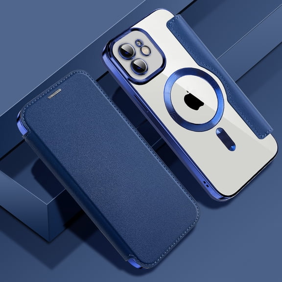 Case for iPhone 12,Compatible with MagSafe Charging,Wallet Cover with RFID Blocking Card Slots,Shockproof PU Leather Magnetic Closure Folio Plating Clear Phone Case,Darkblue