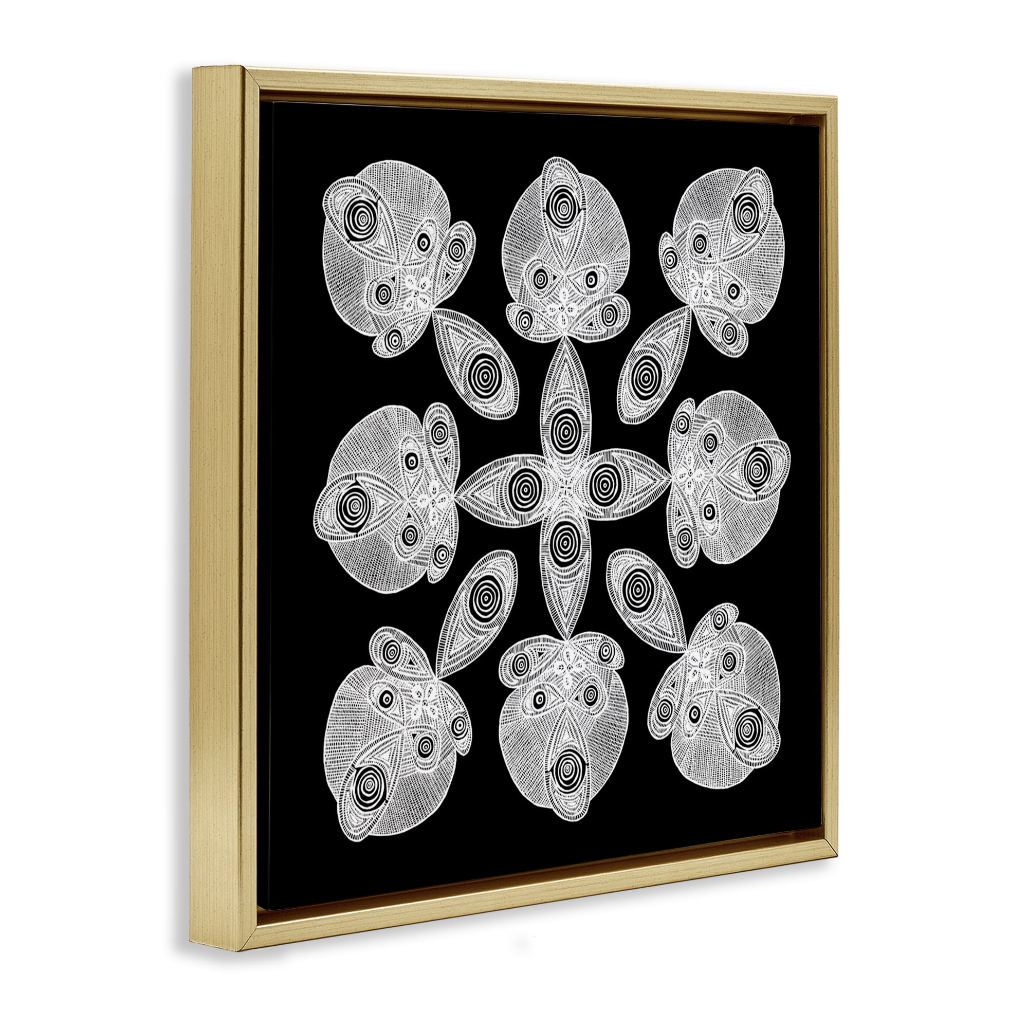 Stupell Industries Fractal Symmetry in Monochrome Gold Framed Floater Canvas Wall Art, design by El Perkin